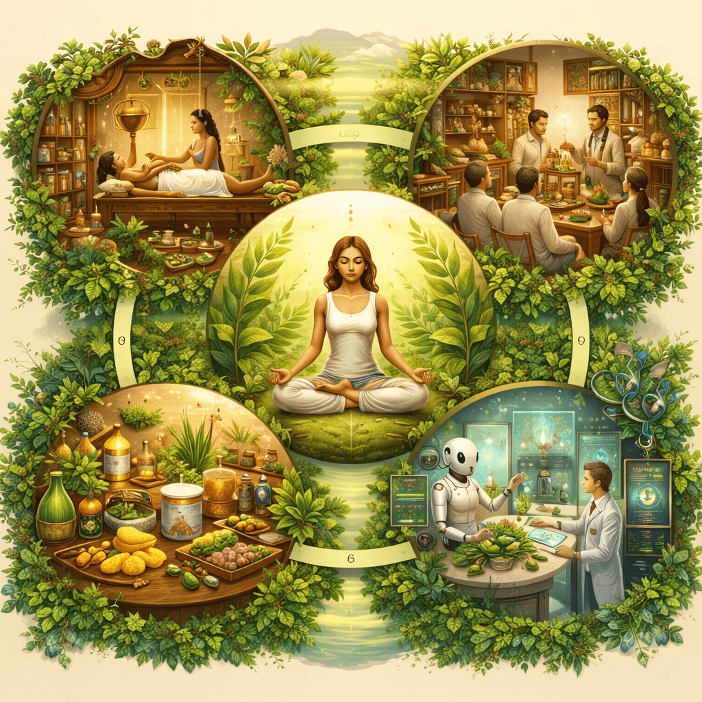 Ayurveda wellness ecosystem illustration